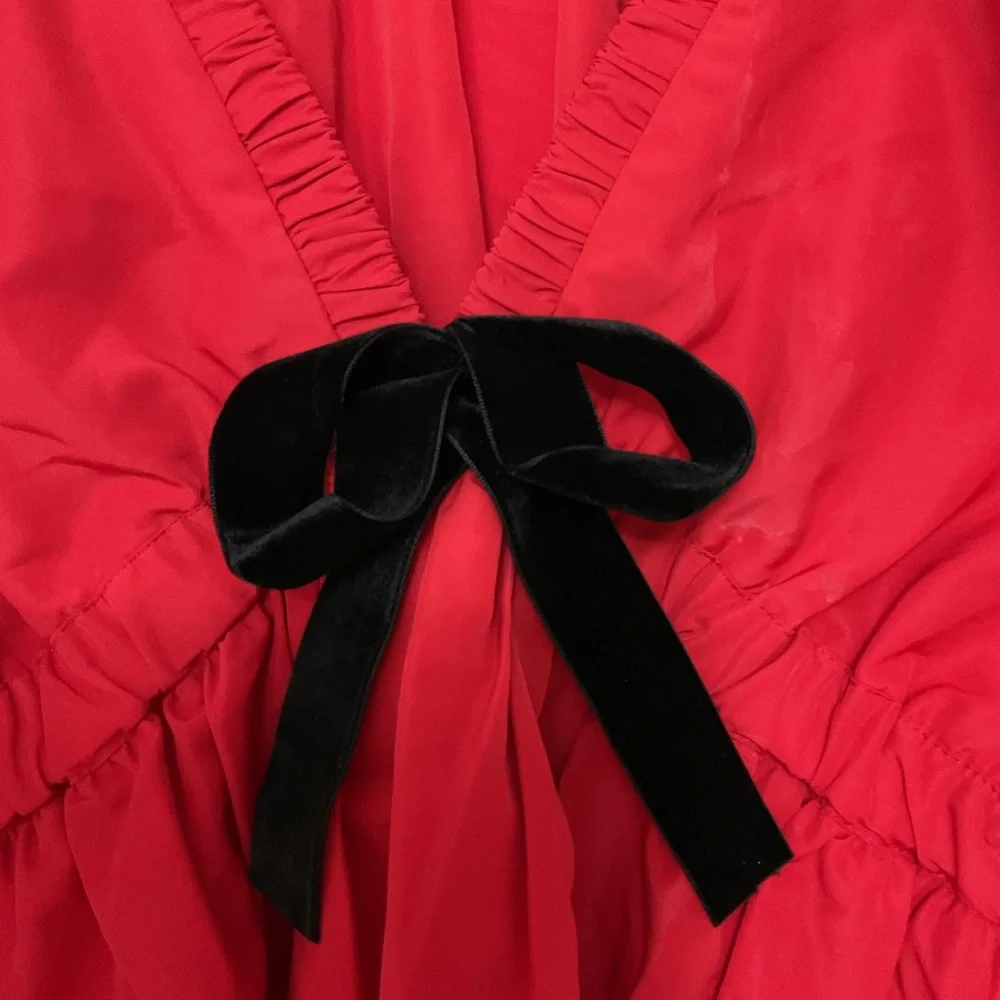 LOFT Red Puff Sleeve V-Neck Top with Black Velvet Bow